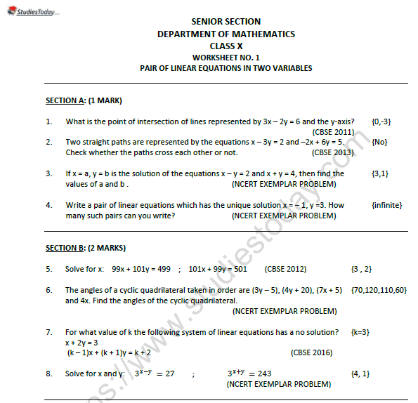 CBSE Class 10 Mathematics Pair of Linear Equation In Two Variables